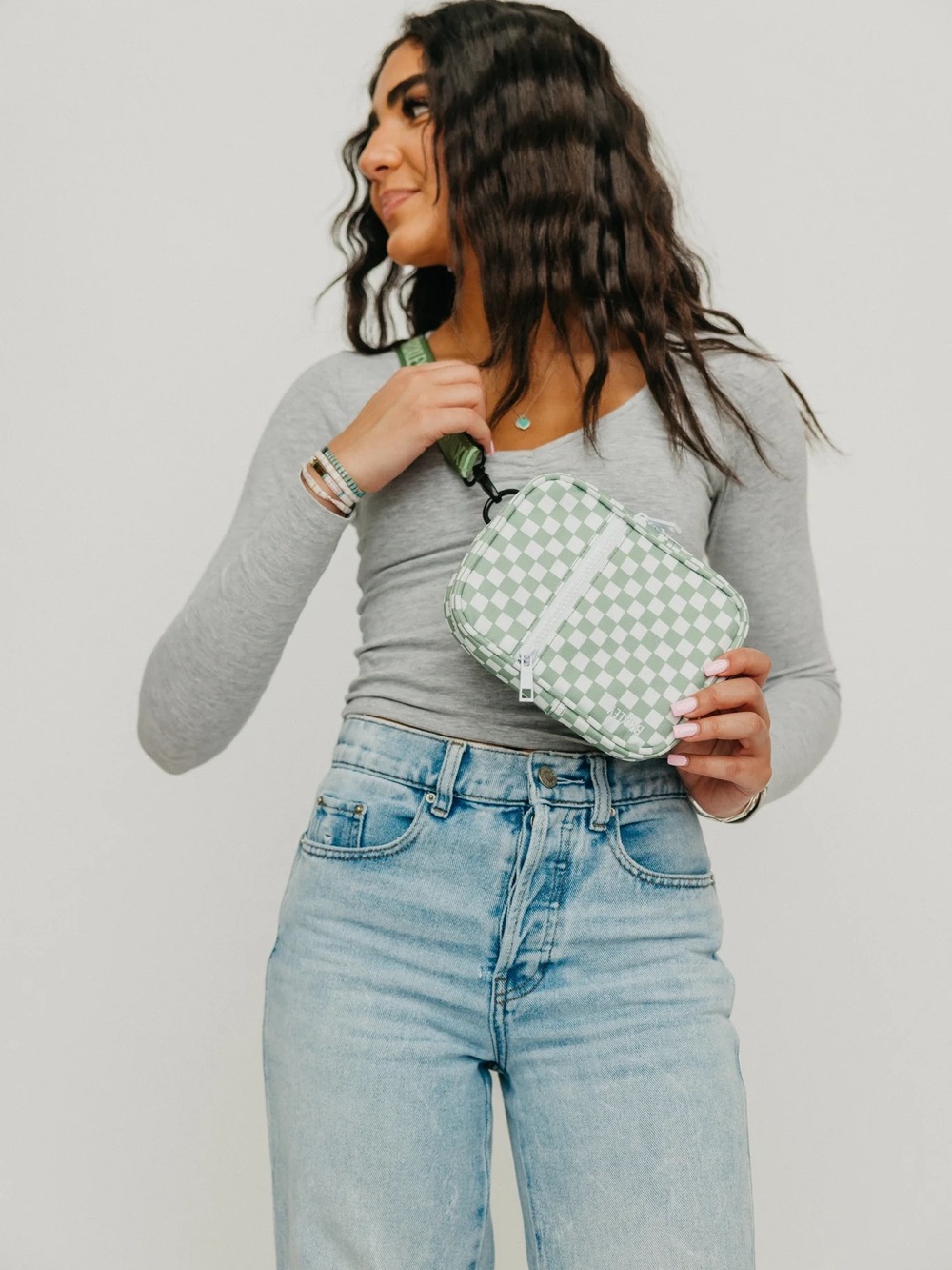 BRIXLEY Light Green Checkerboard Crossbody Bag with Logo Strap - Picture 3 of 5